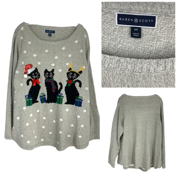 New Karen Scott Plus Sz 2X 3 Cat Kitty Christmas Holiday Panther Sweater NWOT - Picture 1 of 7
